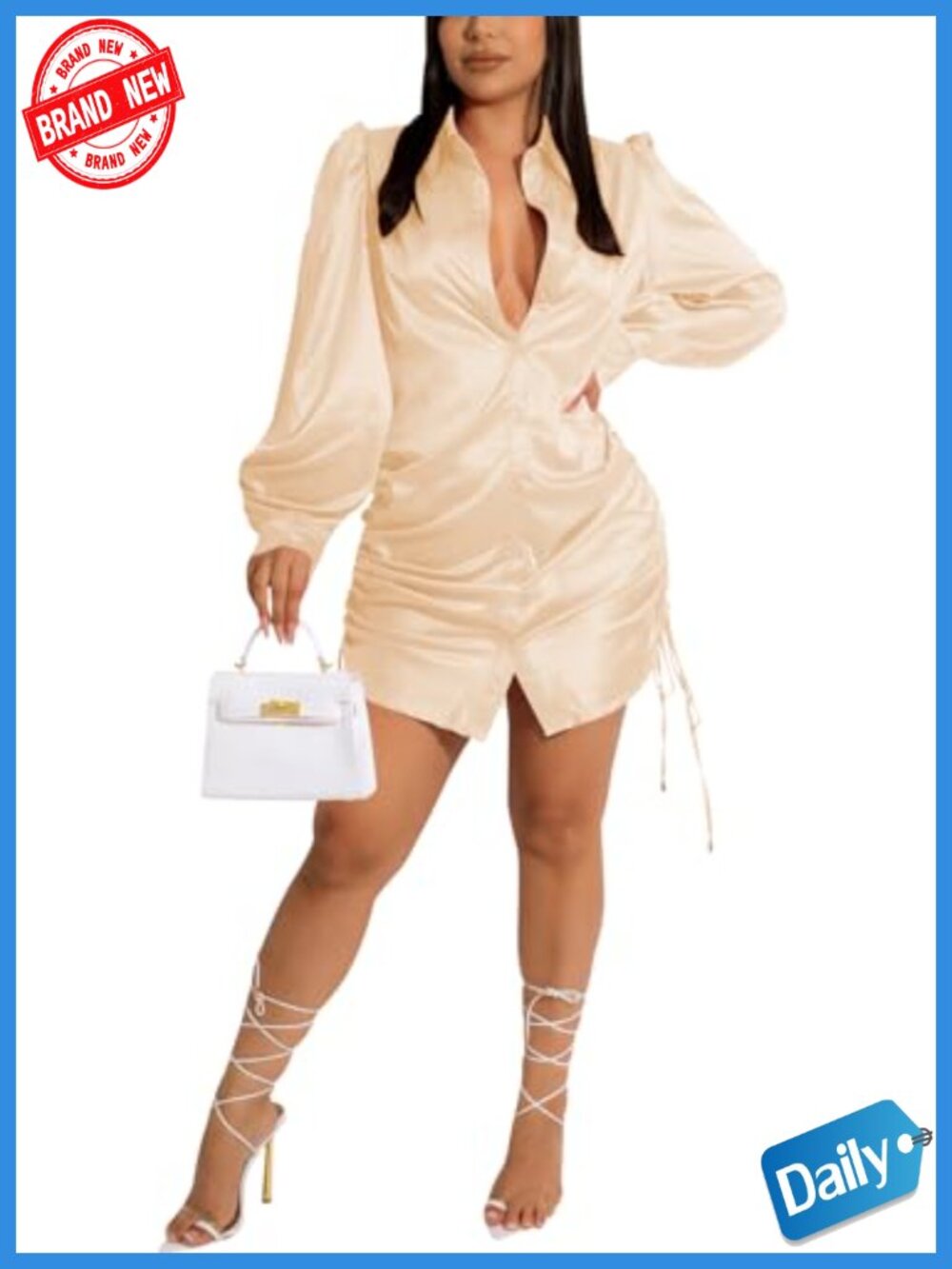 Silk Cloth Ruched Button Down Mini Dress V-Neck Long Sleeve Clubwear